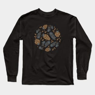 Pattern of coniferous twigs, nuts and cones (dark) Long Sleeve T-Shirt